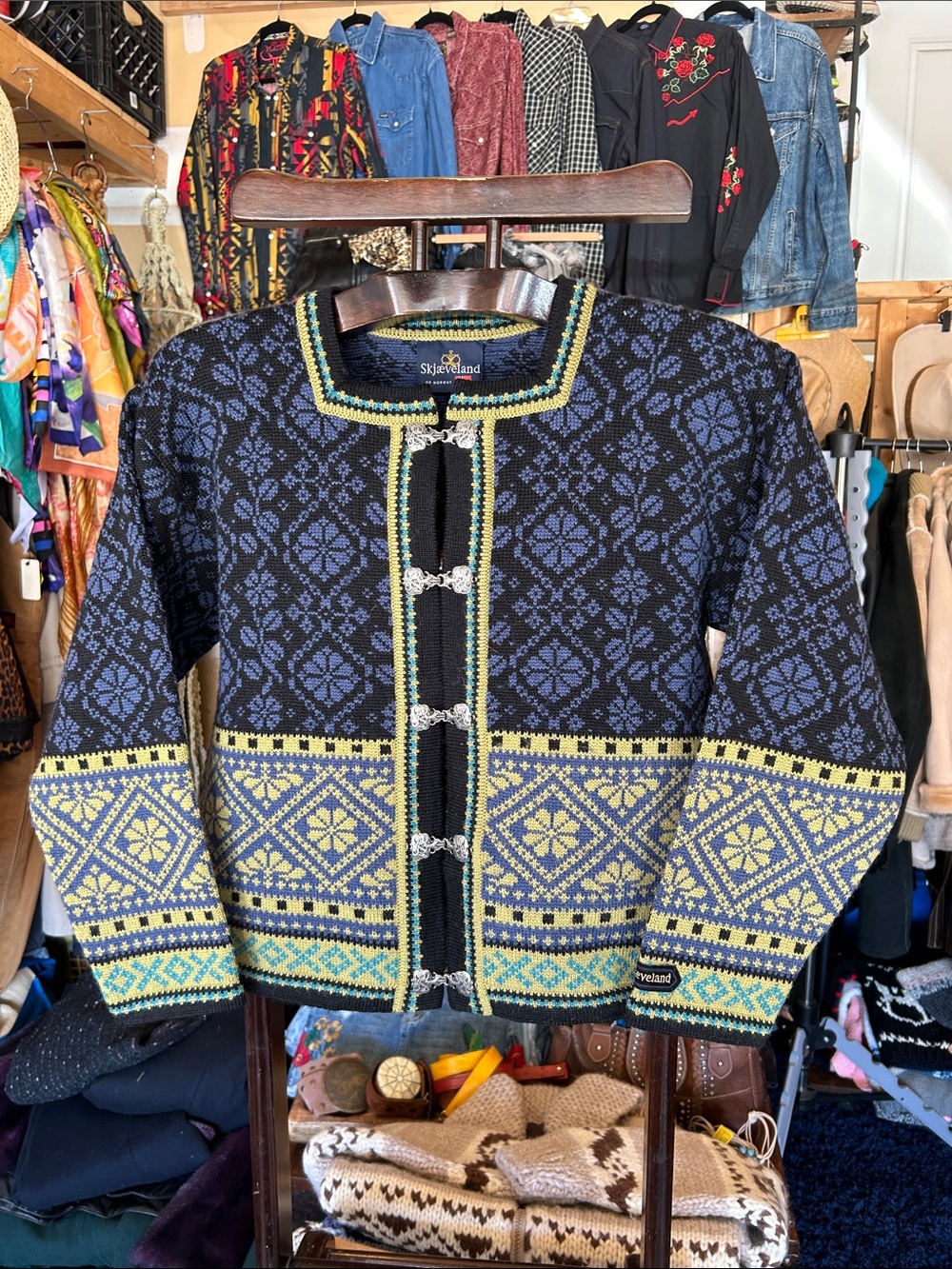Skogstad Black & Blue Nordic Knit Cardigan with Yellow Accents